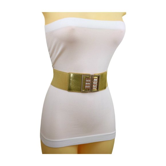 New Women Gold Elastic Wide Fashion Belt Bling Metal Square Buckle S M z089 - Picture 17 of 17
